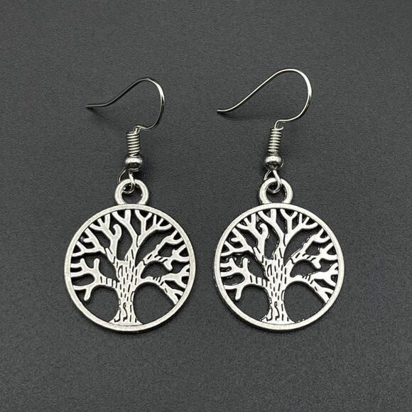Silver Round Boho Style Intricate Tree of Life Dangling Drop Hook Earrings - Picture 2 of 9